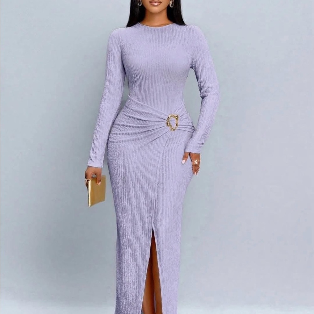 SHEIN Lilac Long Sleeve Ruched Midi Dress with Gold Buckle